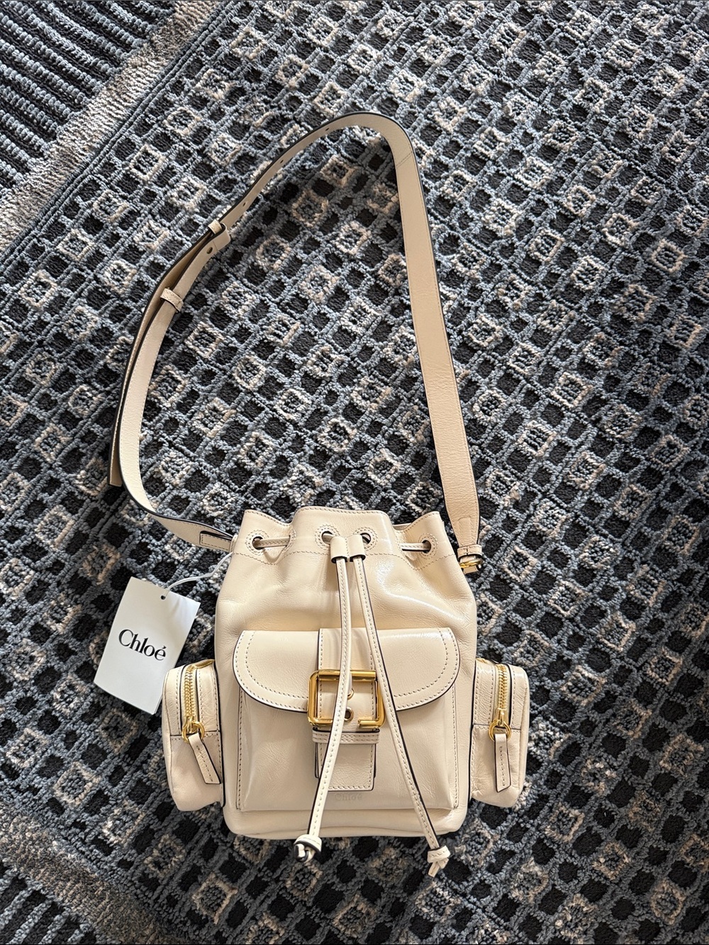 Chloe Cream Leather Drawstring Bucket Crossbody with Gold Hardware